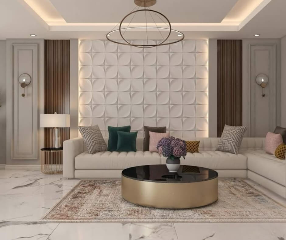 Elegant Living Room with 3D Wall Panel and Gold Coffee Table - interior design by Livspot Projects