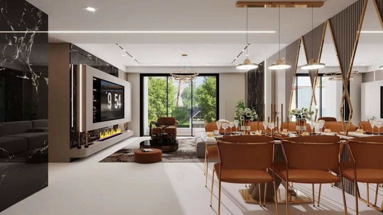 Open Plan Living and Dining with Fireplace - interior design by Livspot Projects